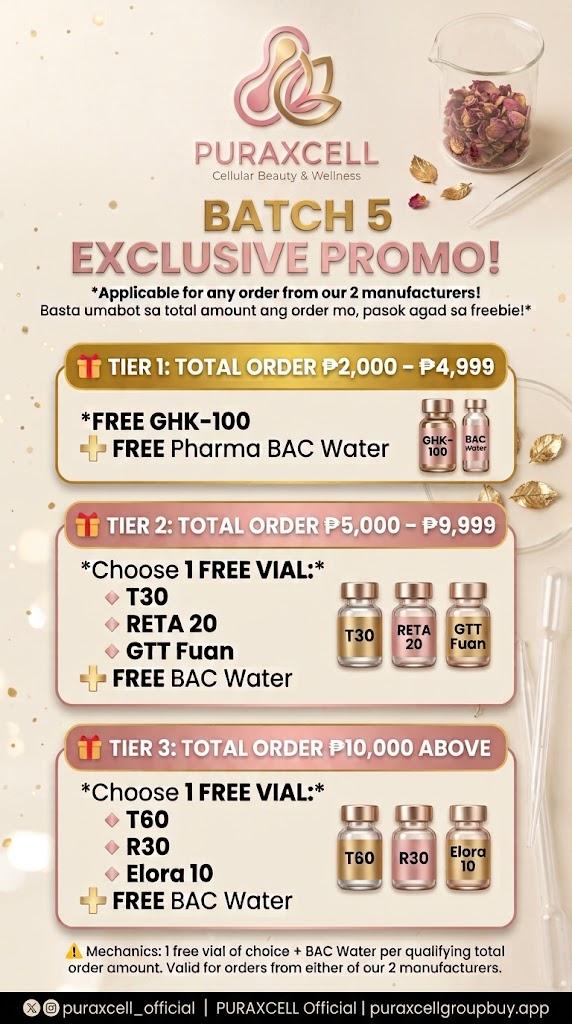 PURAXCELL Batch 5 promo: three order-value tiers with one free vial and BAC Water